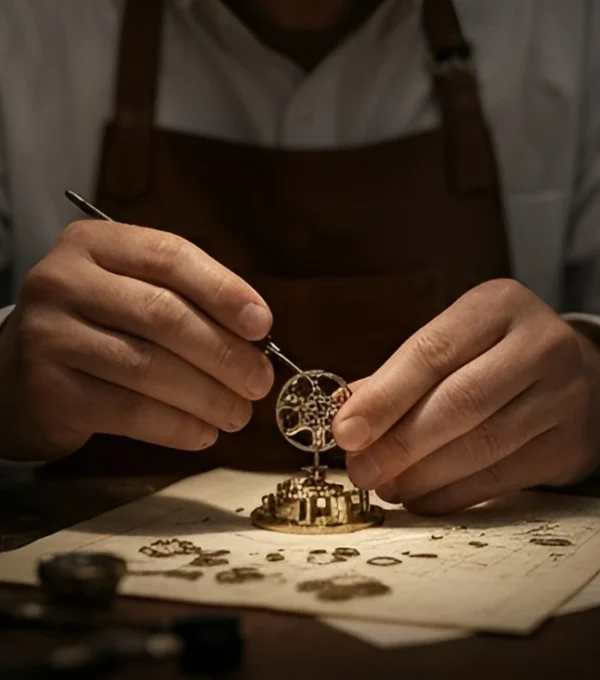 Swiss watchmaker carefully assembling a luxury mechanical watch movement with precision tools