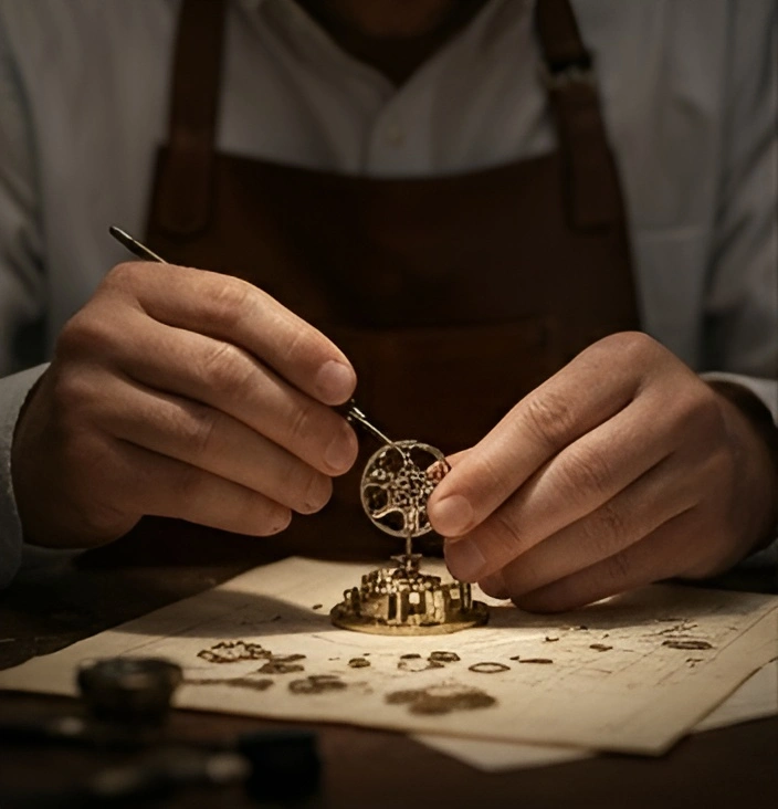 Swiss watchmaker carefully assembling a luxury mechanical watch movement with precision tools