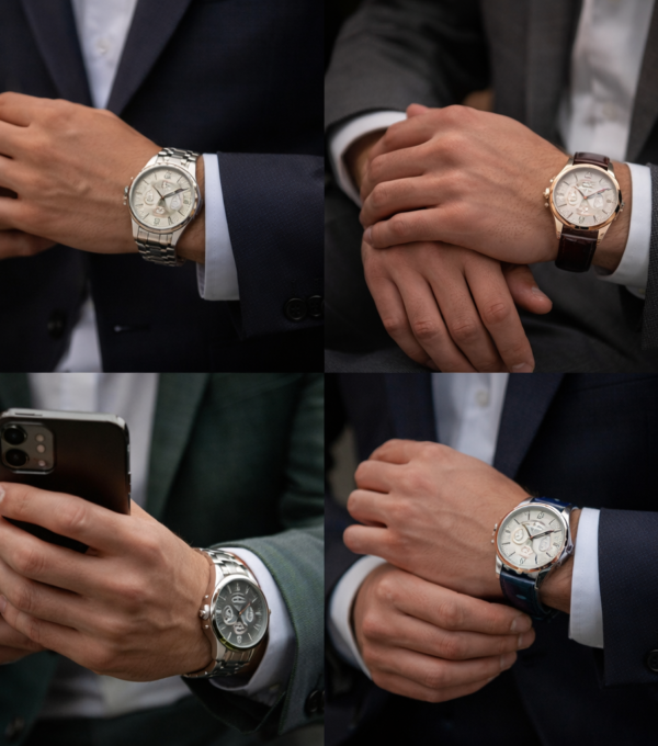Elegant luxury Swiss watches worn with formal suits showcasing classic dress watch designs