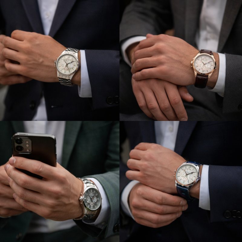 Elegant luxury Swiss watches worn with formal suits showcasing classic dress watch designs