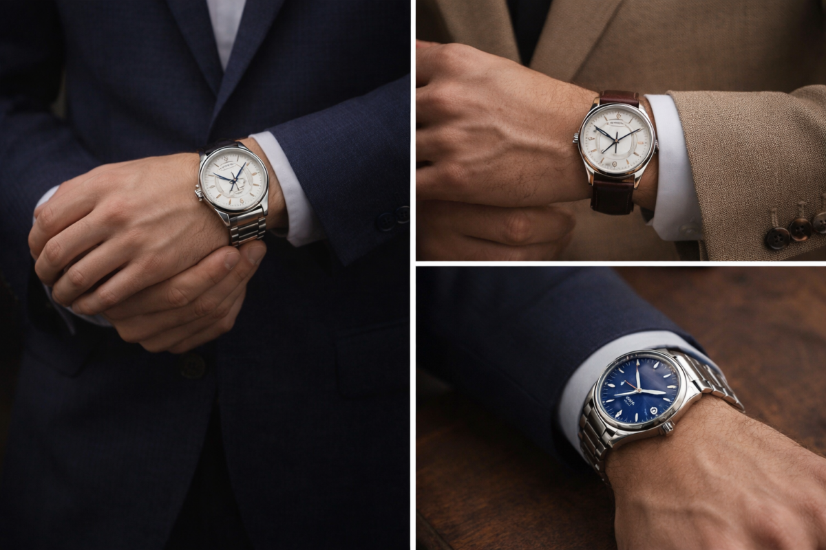 Premium Swiss wristwatches with stainless steel and leather straps worn with formal suits