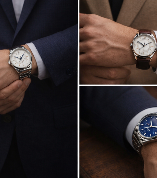 Premium Swiss wristwatches with stainless steel and leather straps worn with formal suits