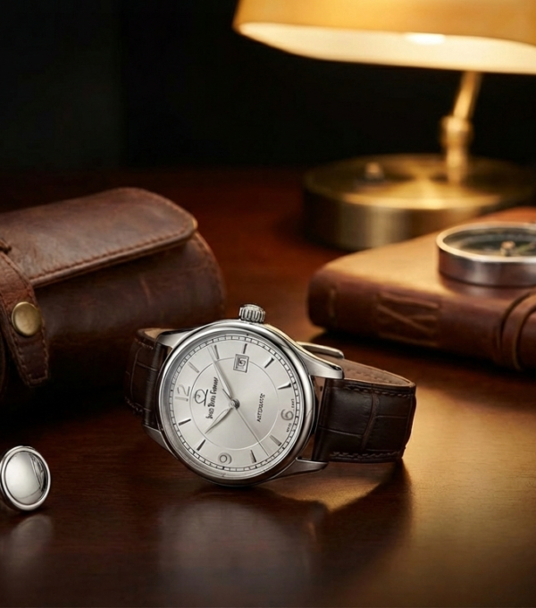 Classic Swiss automatic watch for men placed on a luxury desk setting