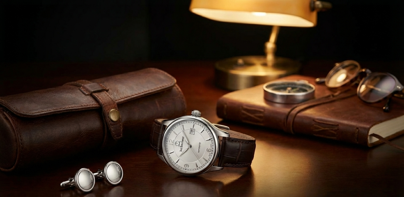 Classic Swiss automatic watch for men placed on a luxury desk setting