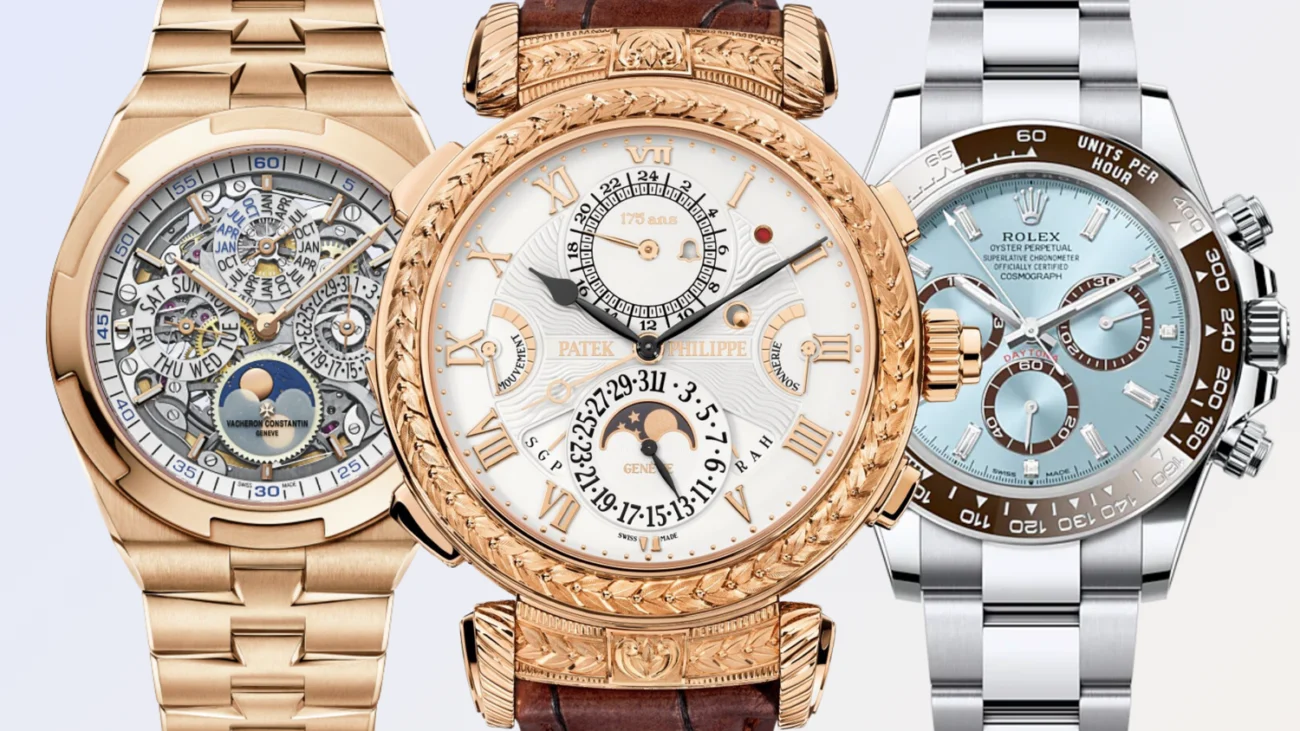 Luxury Swiss watches including Rolex, Patek Philippe and Vacheron Constantin displayed side by side