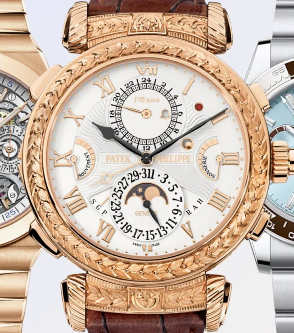 Luxury Swiss watches including Rolex, Patek Philippe and Vacheron Constantin displayed side by side