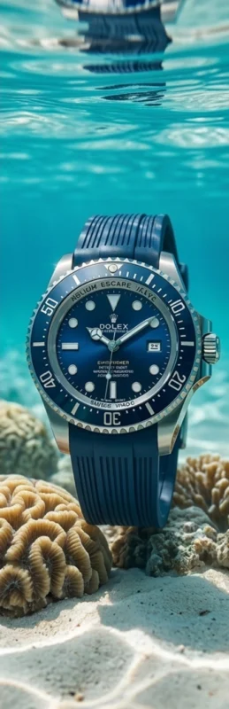 Swiss diving watch underwater with blue dial and rubber strap designed for professional water resistance
