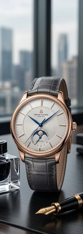 Elegant Swiss dress watch with rose gold case and leather strap placed on a professional office desk.