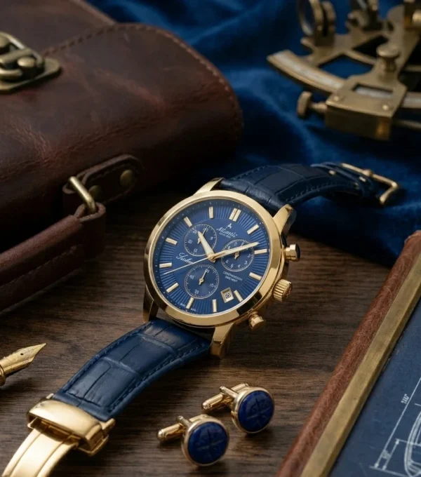 Luxury Swiss chronograph watch with blue dial, gold case, and leather strap placed on a vintage desk setup