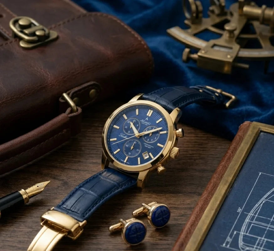 Luxury Swiss chronograph watch with blue dial, gold case, and leather strap placed on a vintage desk setup