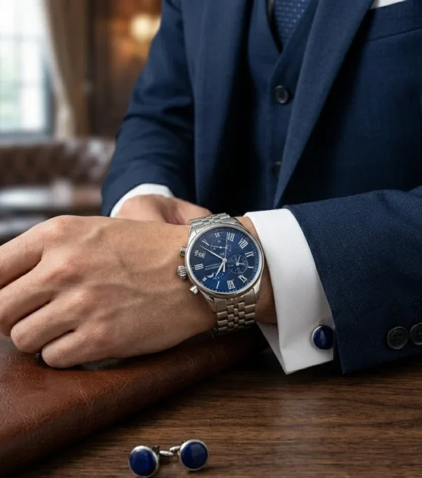 Luxury blue dial wristwatch on a man’s hand wearing a navy suit with cufflinks and leather briefcase
