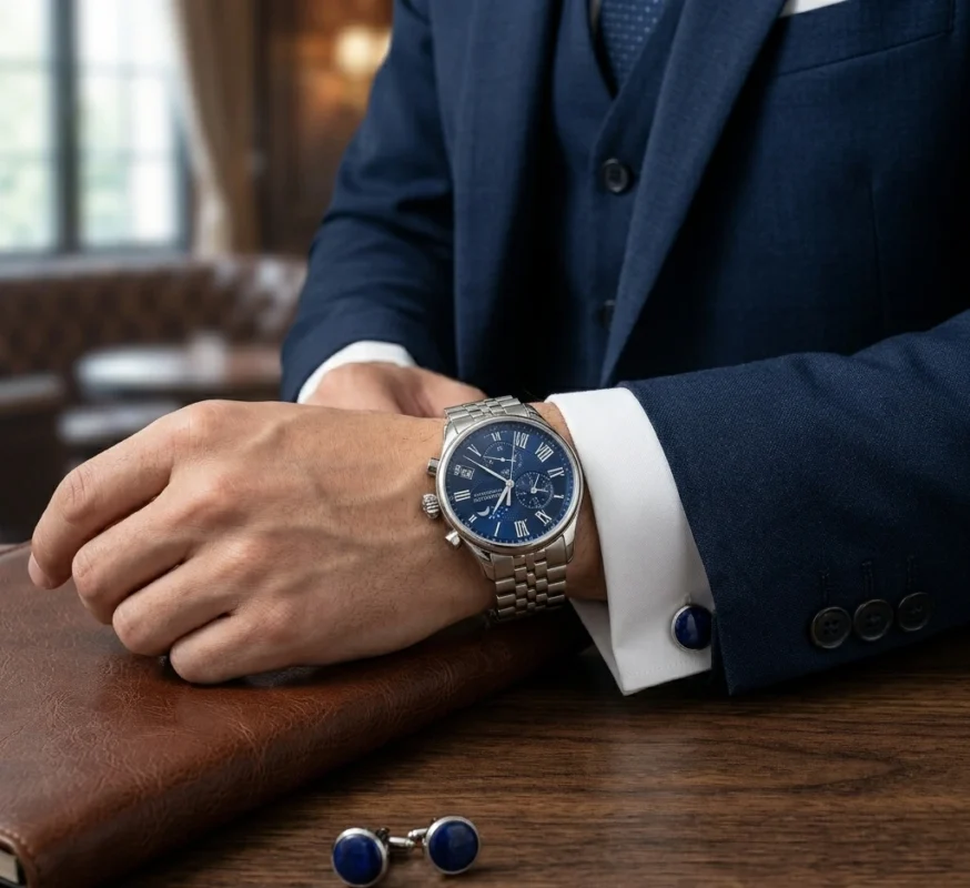 Luxury blue dial wristwatch on a man’s hand wearing a navy suit with cufflinks and leather briefcase