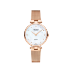 Atlantic women’s diamond watch with mother of pearl dial and rose gold mesh strap