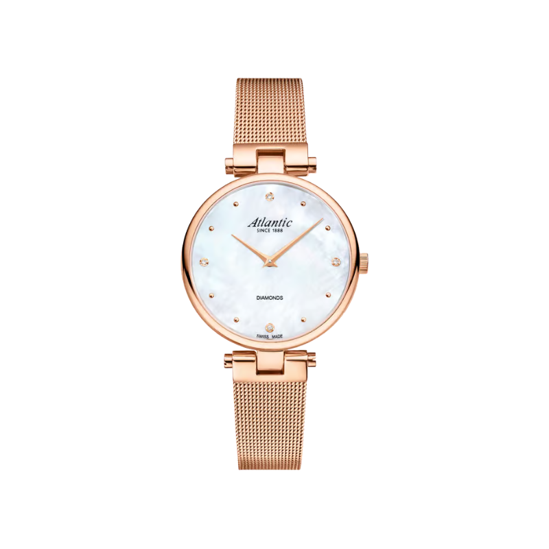 Atlantic women’s diamond watch with mother of pearl dial and rose gold mesh strap
