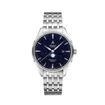 Luxury Swiss automatic watch with stainless steel case, black dial, date display, and leather strap