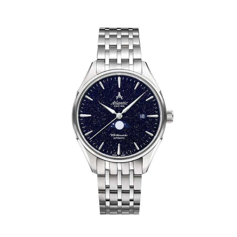 Luxury Swiss automatic watch with stainless steel case, black dial, date display, and leather strap