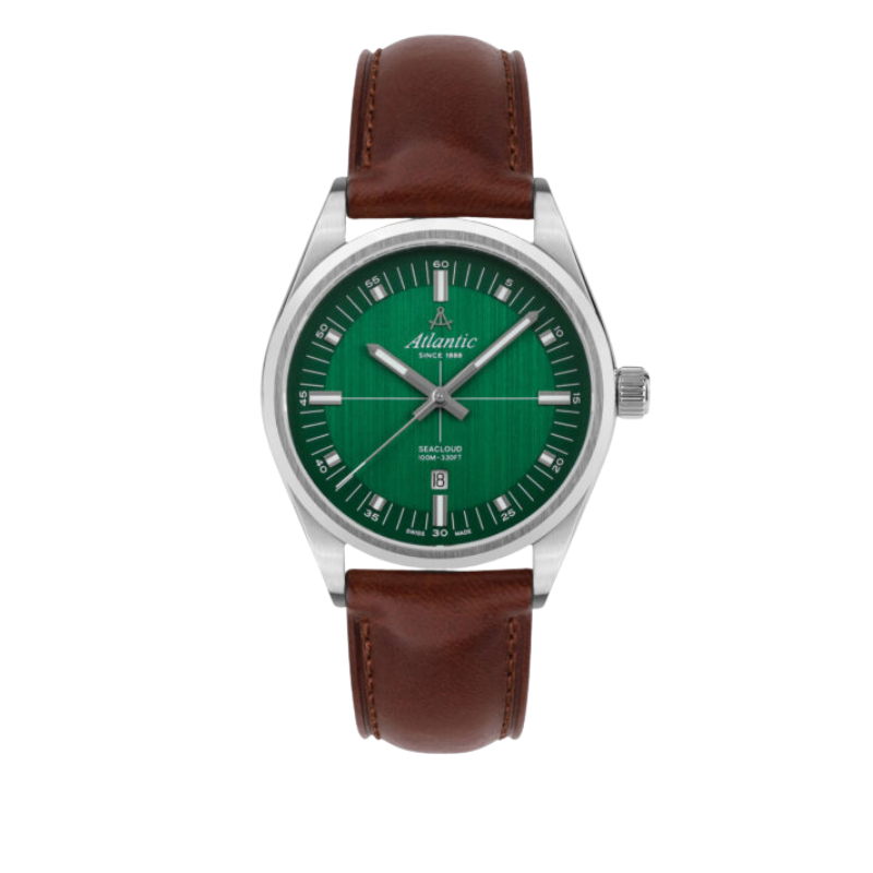 Atlantic Seacloud Swiss quartz watch with green dial, stainless steel case, and brown leather strap