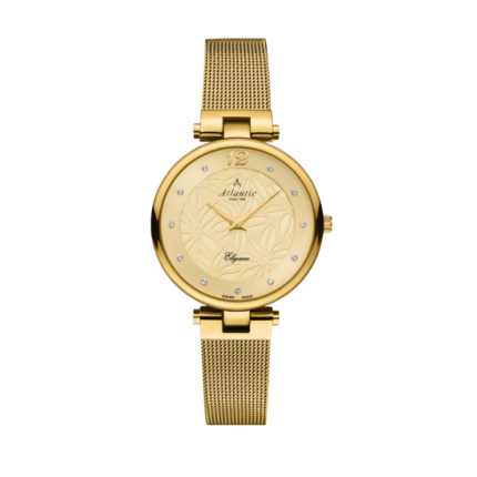 Atlantic Elegance Floral gold dial women’s quartz watch with stainless steel mesh bracelet