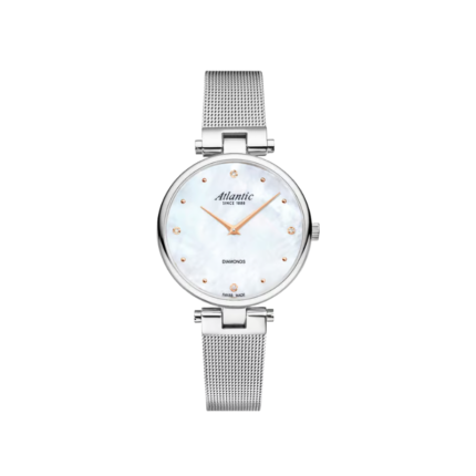 atlantic seabase mother of pearl dial womens quartz watch with diamond markers and mesh bracelet