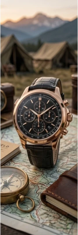 Luxury Swiss chronograph watch with leather strap placed on a travel map with compass and notebook.