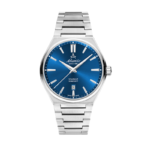 Luxury Swiss watch with stainless steel case, bold dial design, and premium bracelet strap