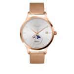Atlantic women’s watch with white dial moonphase display and rose gold mesh strap