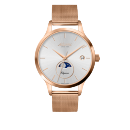 Atlantic women’s watch with white dial moonphase display and rose gold mesh strap