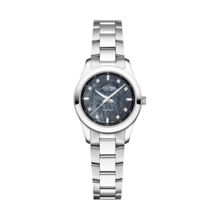 Atlantic stainless steel diamond watch with grey textured dial and metal bracelet