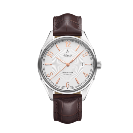Atlantic women’s watch with white dial and rose gold leather strap