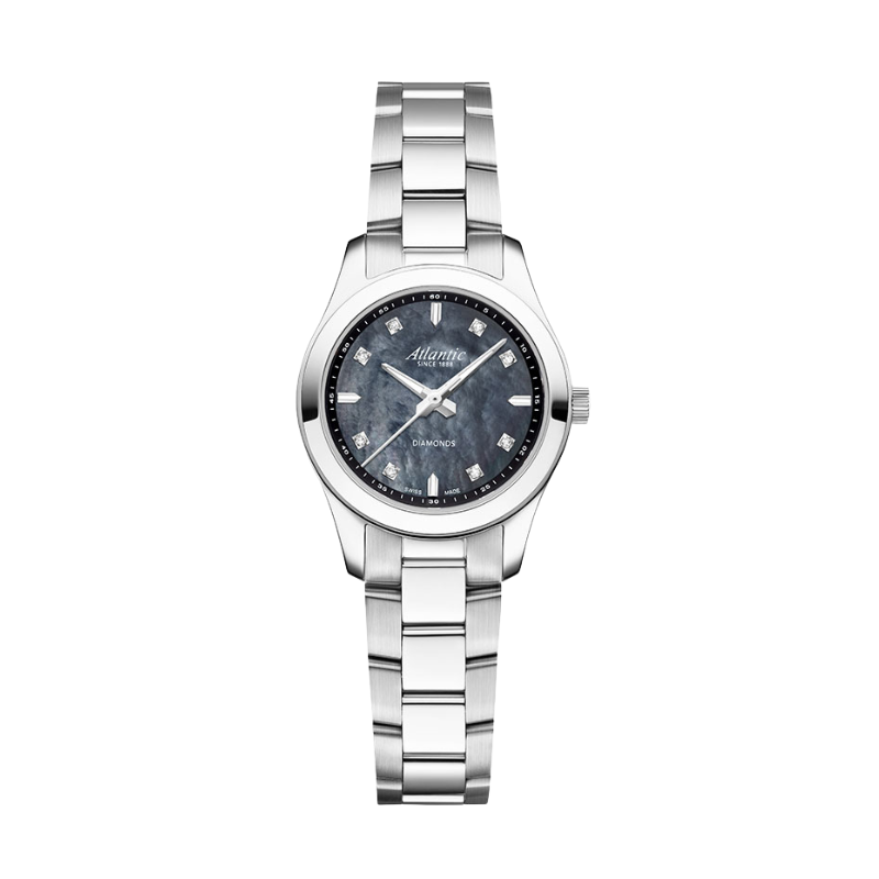 Atlantic Diamond Watch Stainless Steel Grey Dial Luxury Timepiece Atlantic stainless steel diamond watch with grey textured dial and metal bracelet